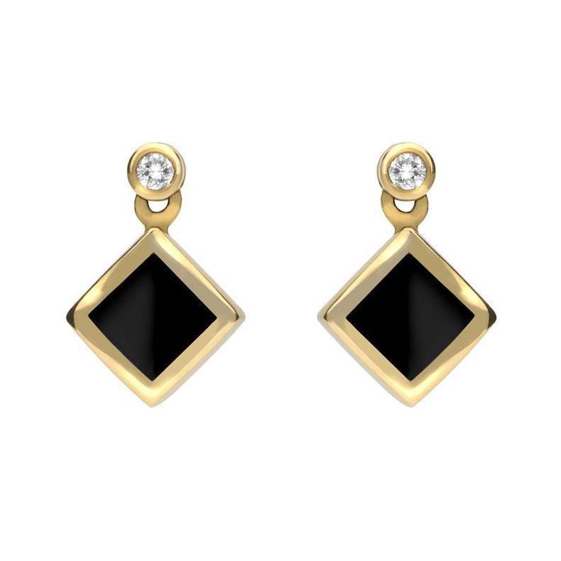18ct Yellow Gold Whitby Jet 0.06ct Diamond Top Square Stud Earrings - Yellow Gold
