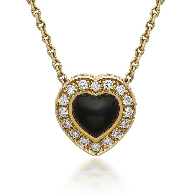 18ct Yellow Gold Whitby Jet 0.22ct Diamond Heart Shaped Necklace - Yellow Gold
