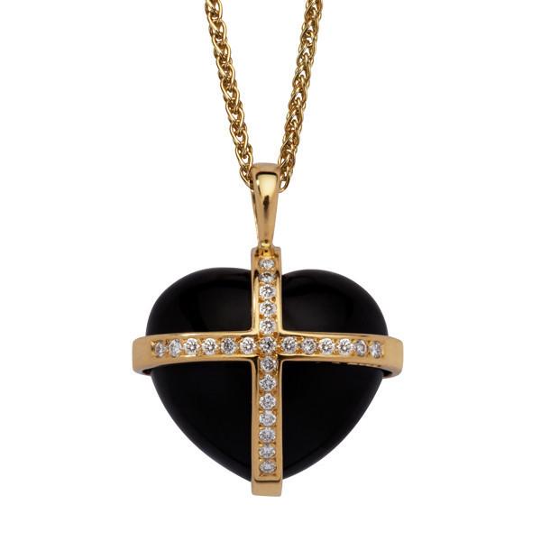 18ct Yellow Gold Whitby Jet 0.37ct Diamond Large Cross Heart Necklace - Yellow Gold