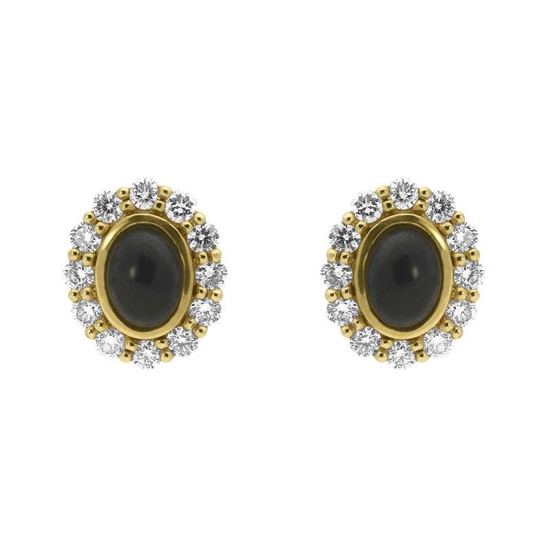18ct Yellow Gold Whitby Jet 0.96ct Diamond Large Oval Stud Earrings - Yellow Gold