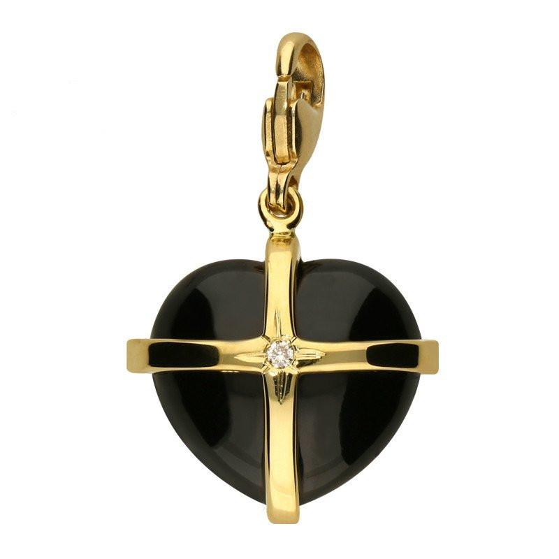 18ct Yellow Gold Whitby Jet Diamond Medium Cross Heart Charm - Gold