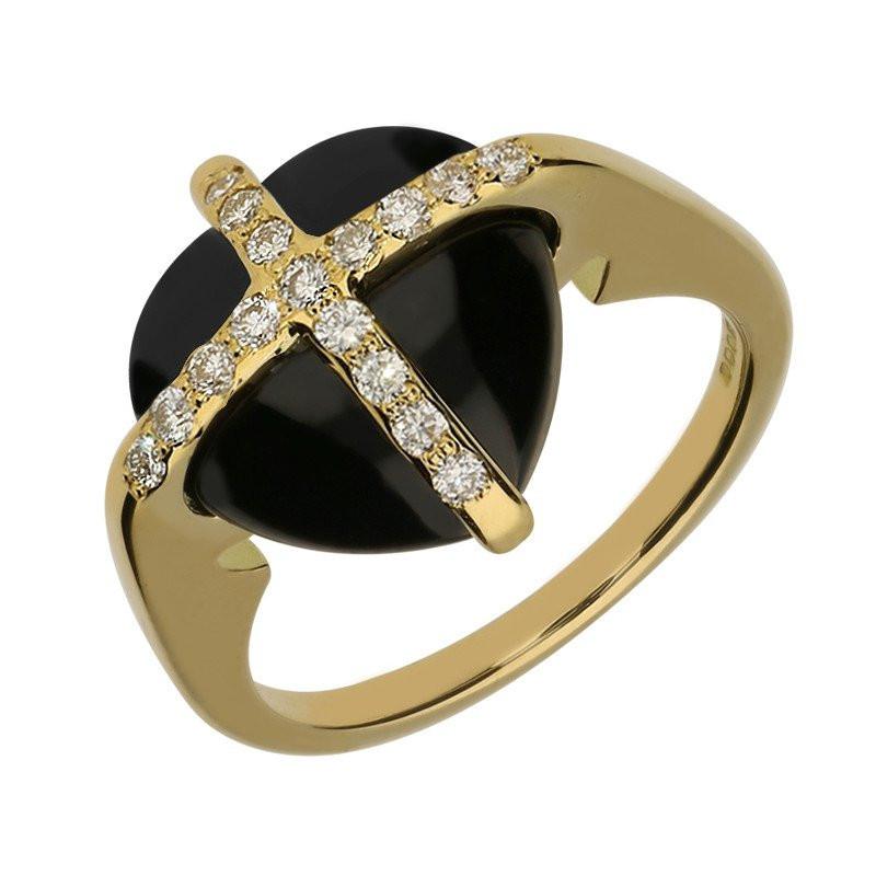 18ct Yellow Gold Whitby Jet Diamond Small Cross Heart Ring - Yellow Gold