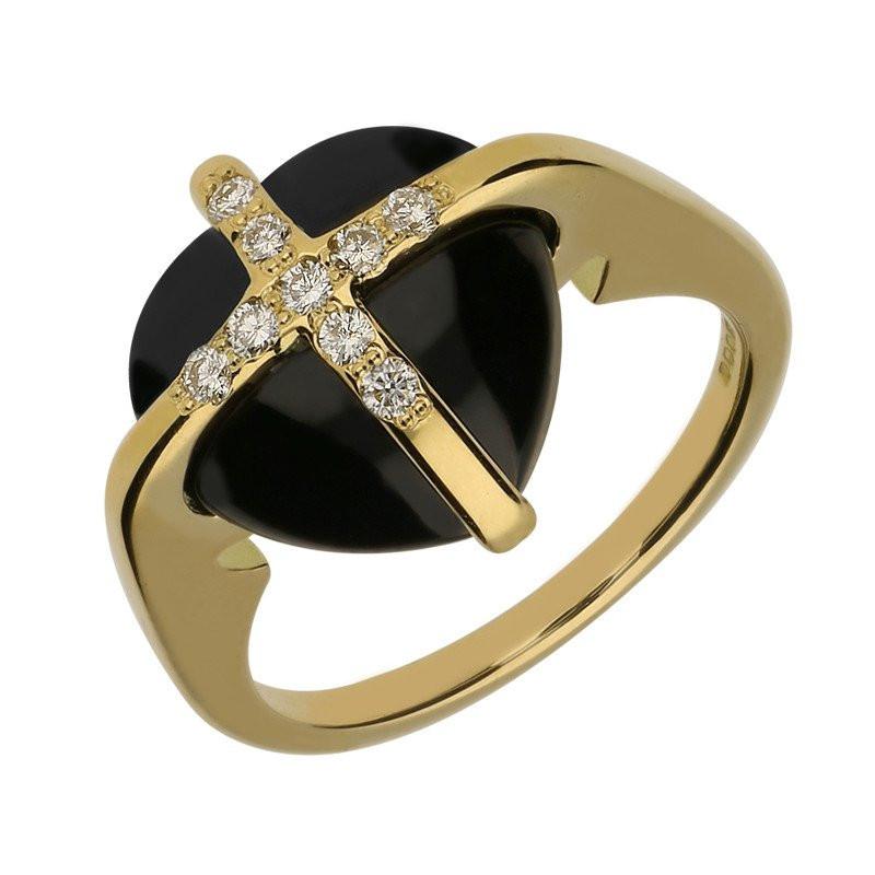 18ct Yellow Gold Whitby Jet Nine Diamond Small Cross Heart Ring - Yellow Gold