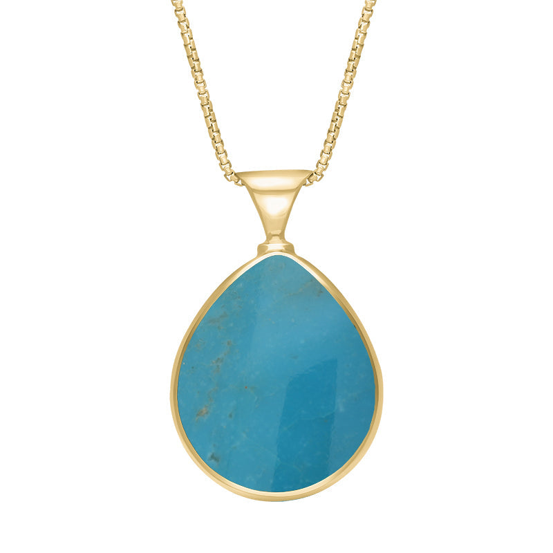 18ct Yellow Gold Whitby Jet Turquoise King's Coronation Hallmark Double Sided Pear-shaped Necklace