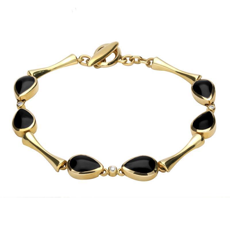 18ct Yellow Gold Whitby Jet and Diamond Six Stone Pear Bracelet - Yellow Gold