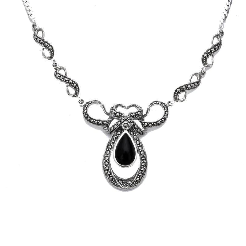 Sterling Silver Whitby Jet Marcasite Drop Bow Twist Necklace - Silver
