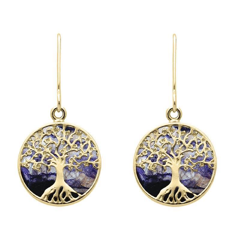 9ct Yellow Gold Blue John Round Tree Drop Earrings