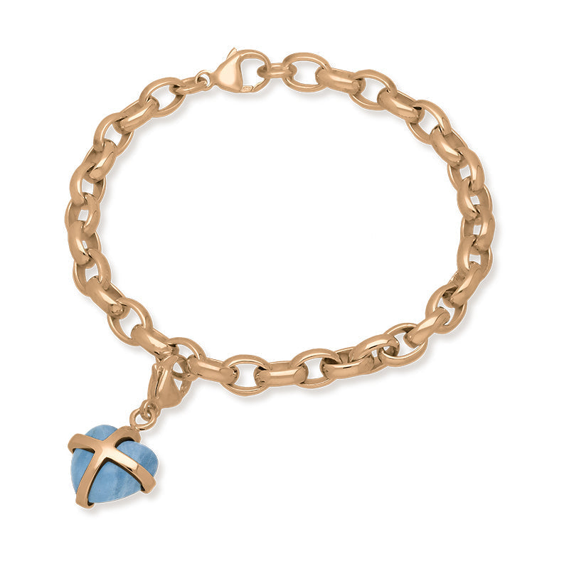 9ct Rose Gold Aquamarine Small Cross Heart Charm Bracelet - Option1 Value Gold