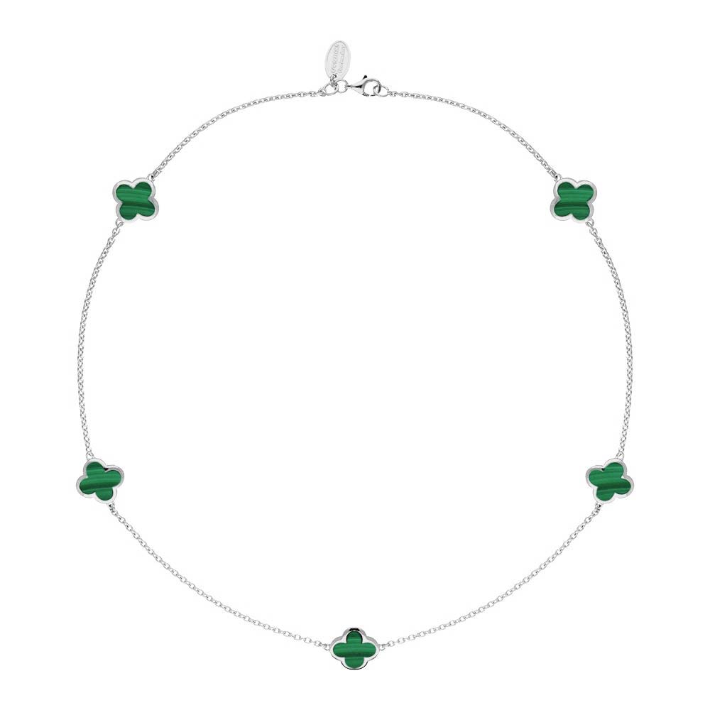 9ct White Gold Malachite Bloom Four Leaf Clover Necklace