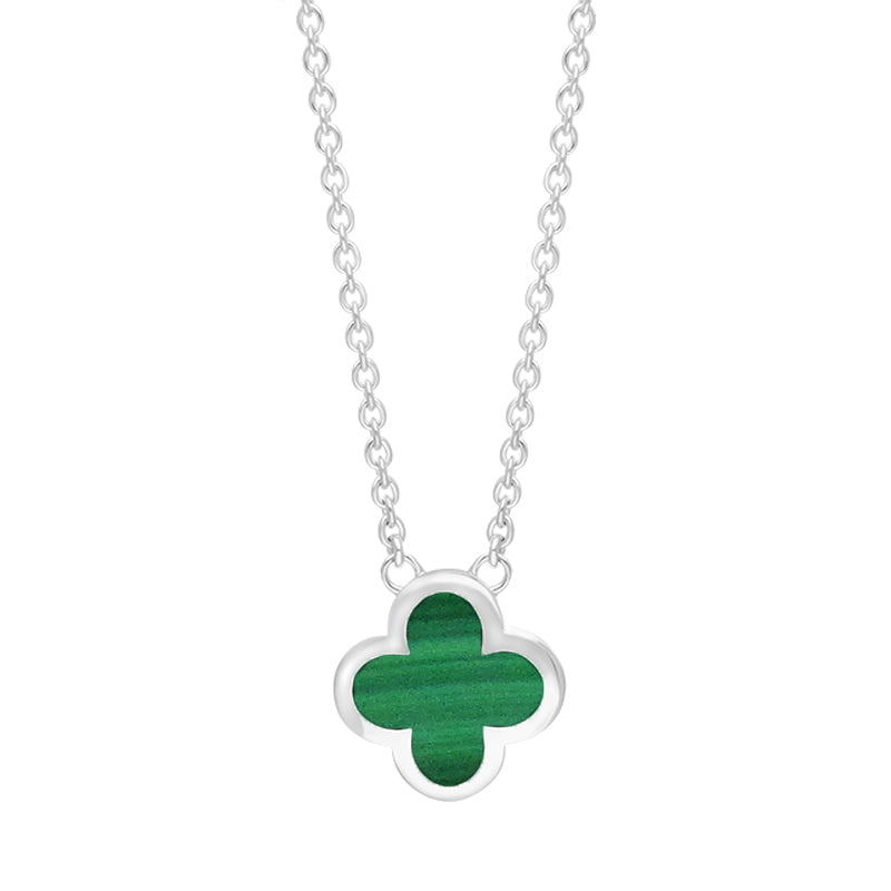 9ct White Gold Malachite Bloom Small Four Leaf Clover Polished Edge Pendant