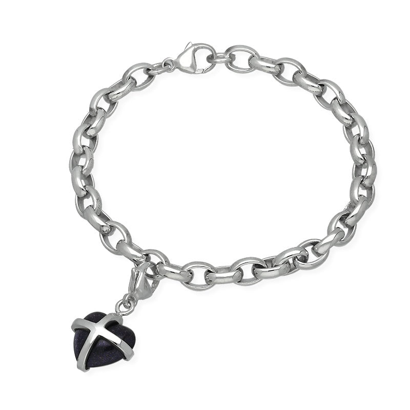 9ct White Gold Blue Goldstone Small Cross Heart Charm Bracelet - Option1 Value Gold