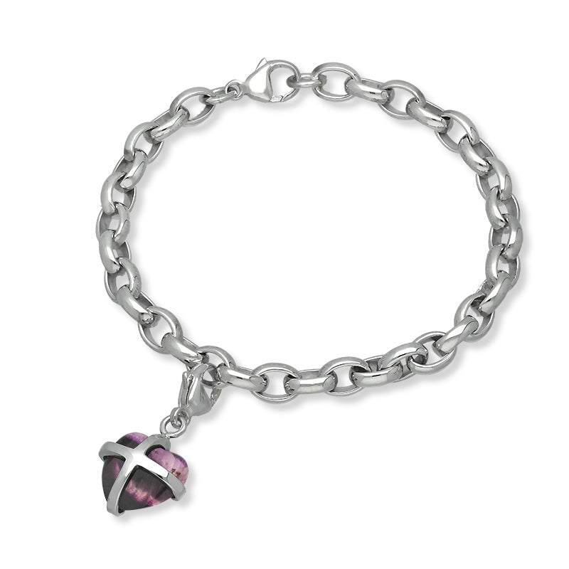 9ct White Gold Blue John Small Cross Heart Charm Bracelet - Option1 Value Gold