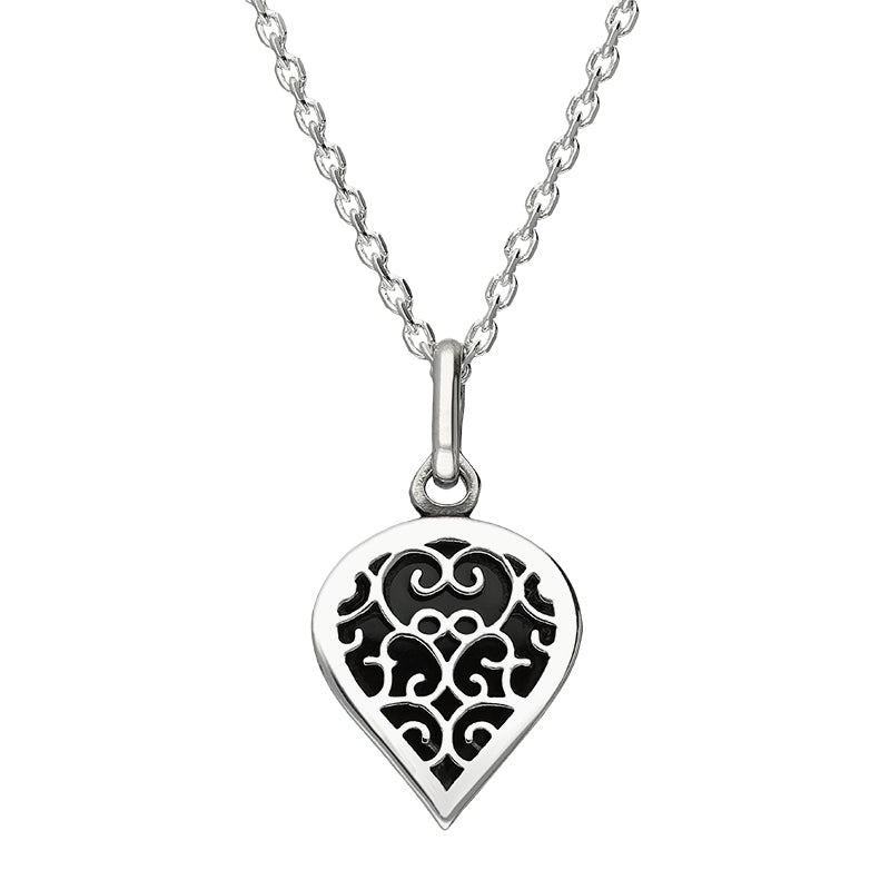 9ct White Gold Whitby Jet Flore Filigree Small Heart Necklace