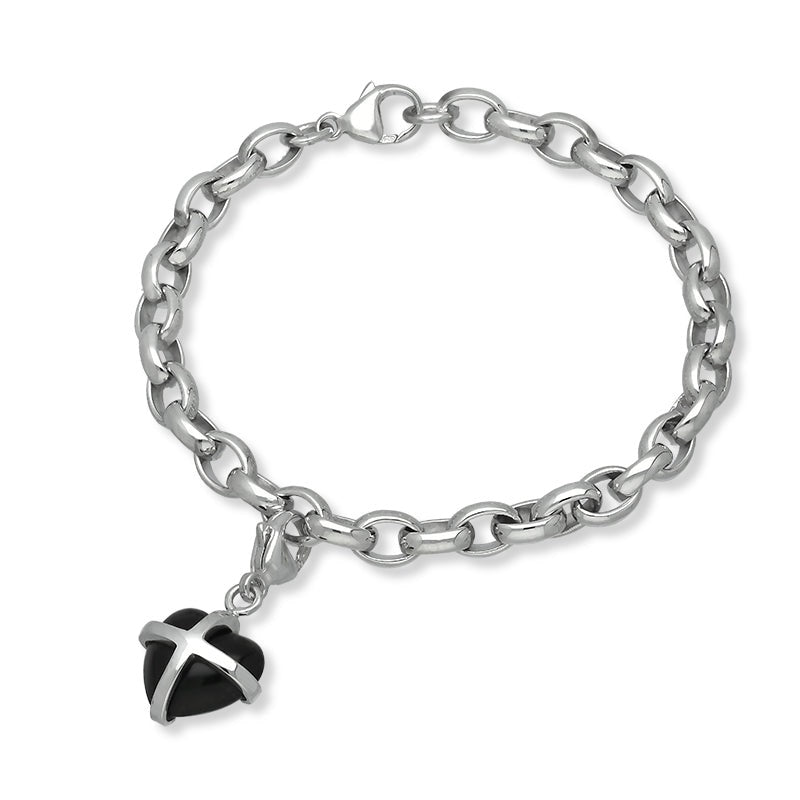 9ct White Gold Whitby Jet Small Cross Heart Charm Bracelet - Option1 Value Gold