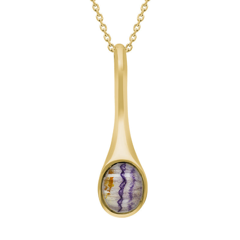 9ct Yellow Gold Blue John Oval Long Tapered Drop Necklace