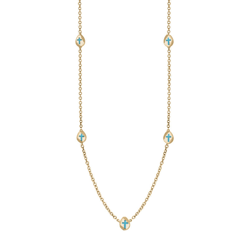 9ct Yellow Gold Turquoise Cross Link Disc Chain Necklace - Option1 Value Yellow Gold