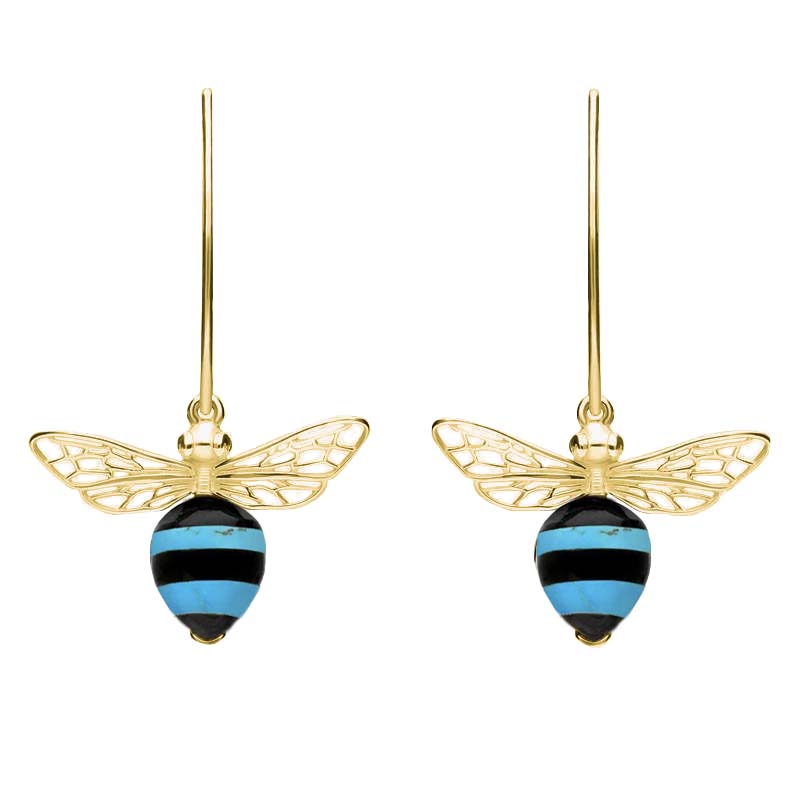 9ct Yellow Gold Turquoise Whitby Jet Bee Small Hook Earrings - Gold