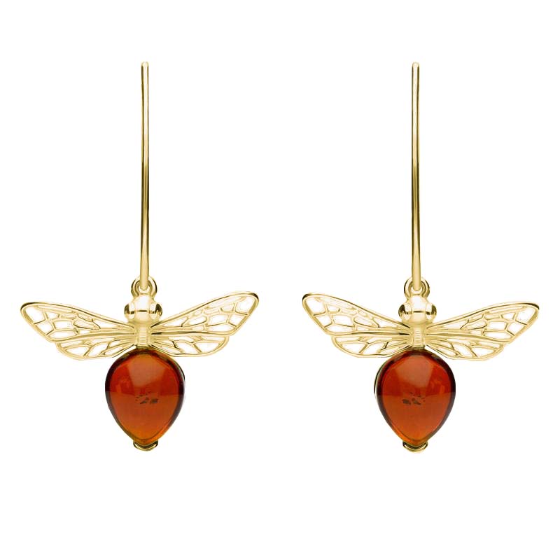 9ct Yellow Gold Amber Bee Small Hook Earrings - Gold
