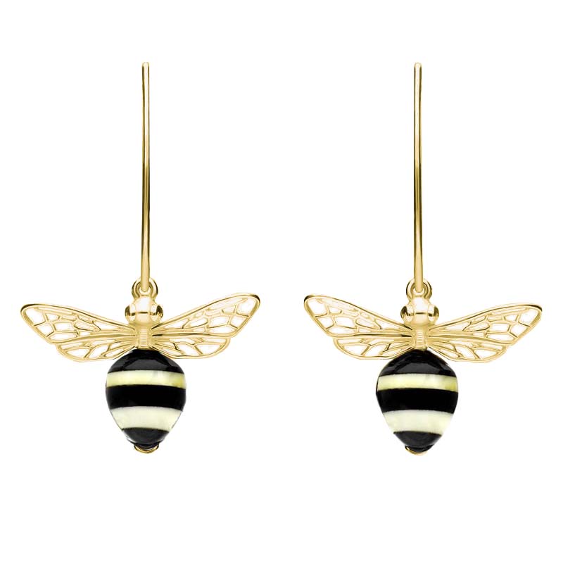 9ct Yellow Gold Amber Whitby Jet Bee Small Hook Earrings - Gold
