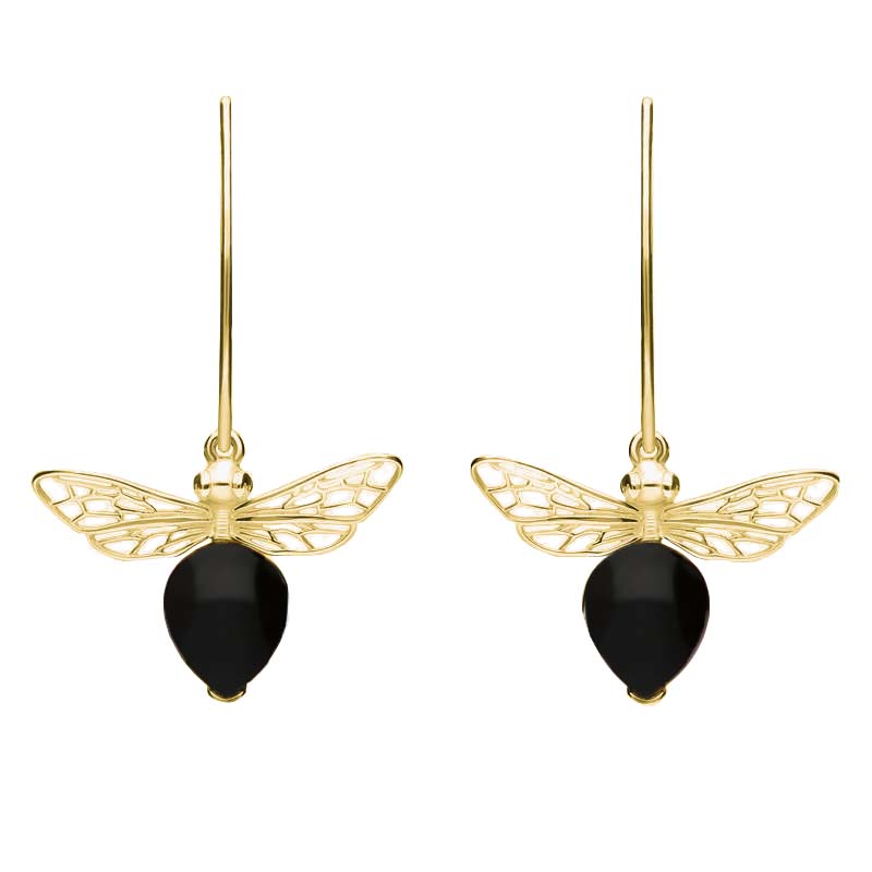 9ct Yellow Gold Whitby Jet Bee Small Hook Earrings - Gold