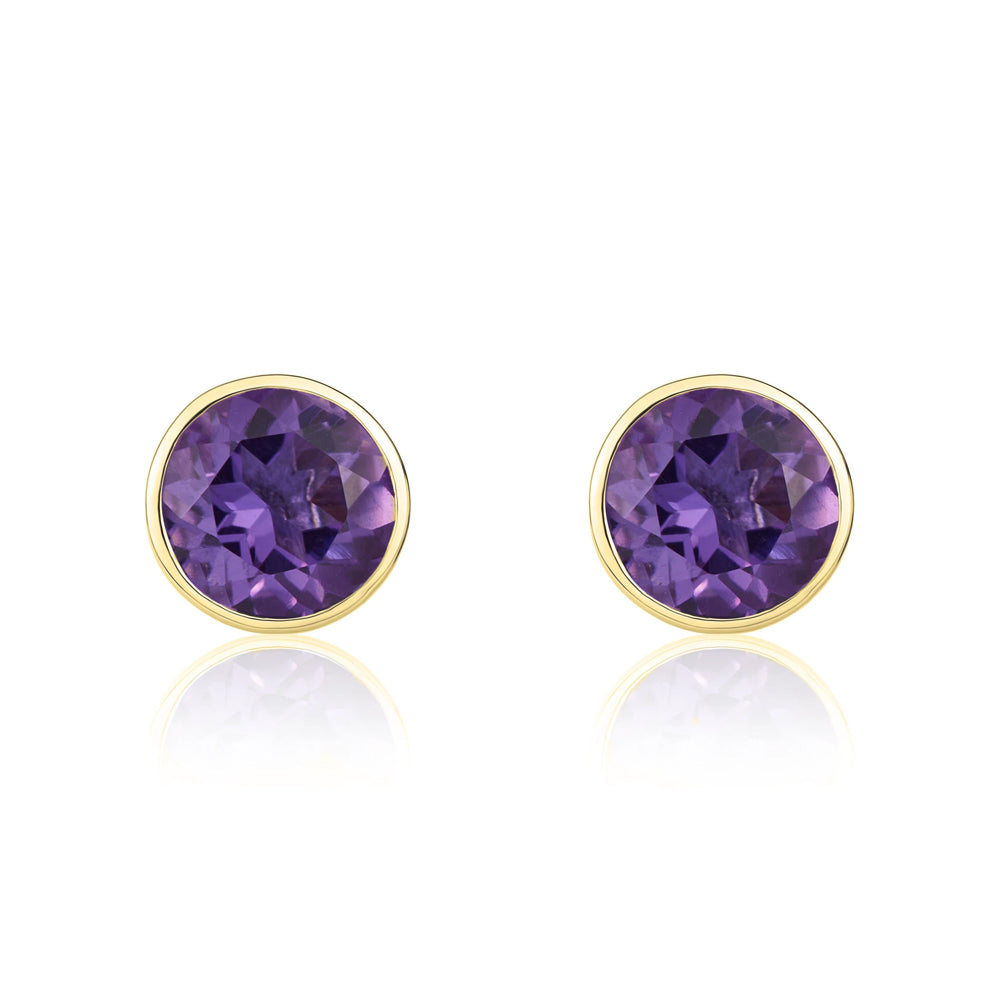 9ct Yellow Gold Amethyst 5mm Round Rub Over Set Stud Earrings - Gold