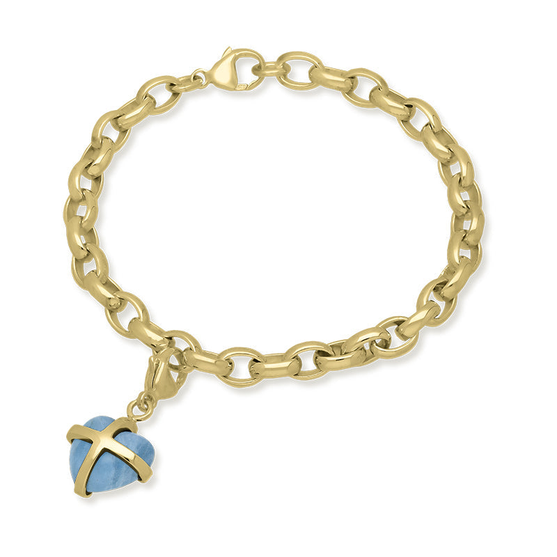 9ct Yellow Gold Aquamarine Small Cross Heart Charm Bracelet - Option1 Value Gold