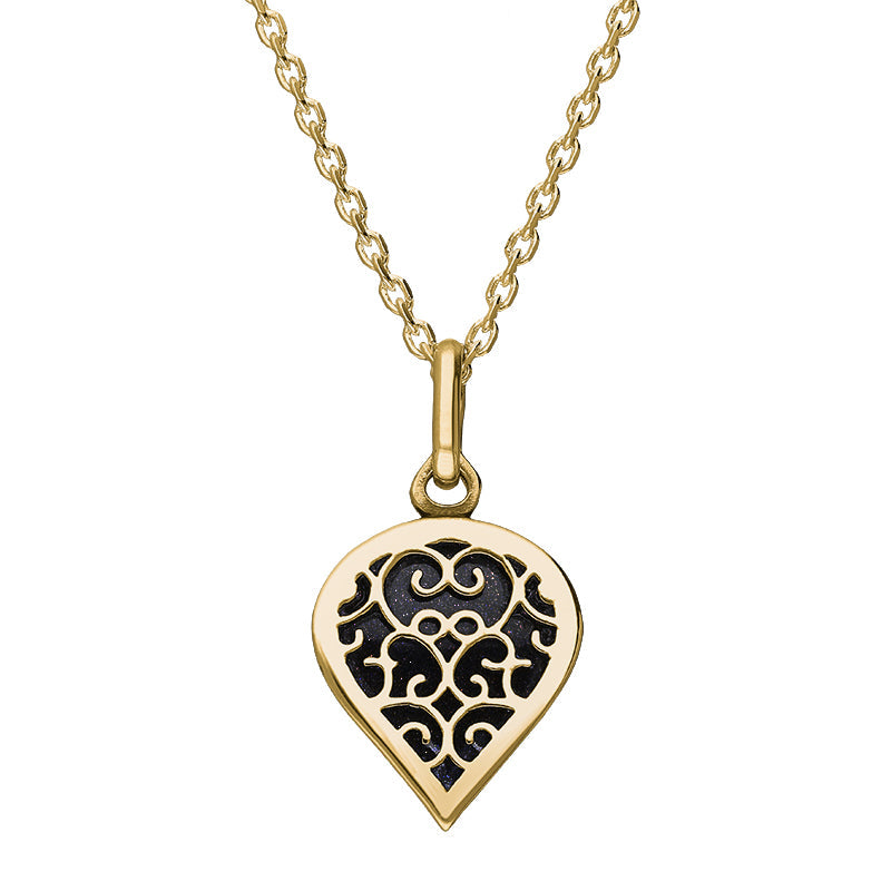 9ct Yellow Gold Blue Goldstone Flore Filigree Small Heart Necklace