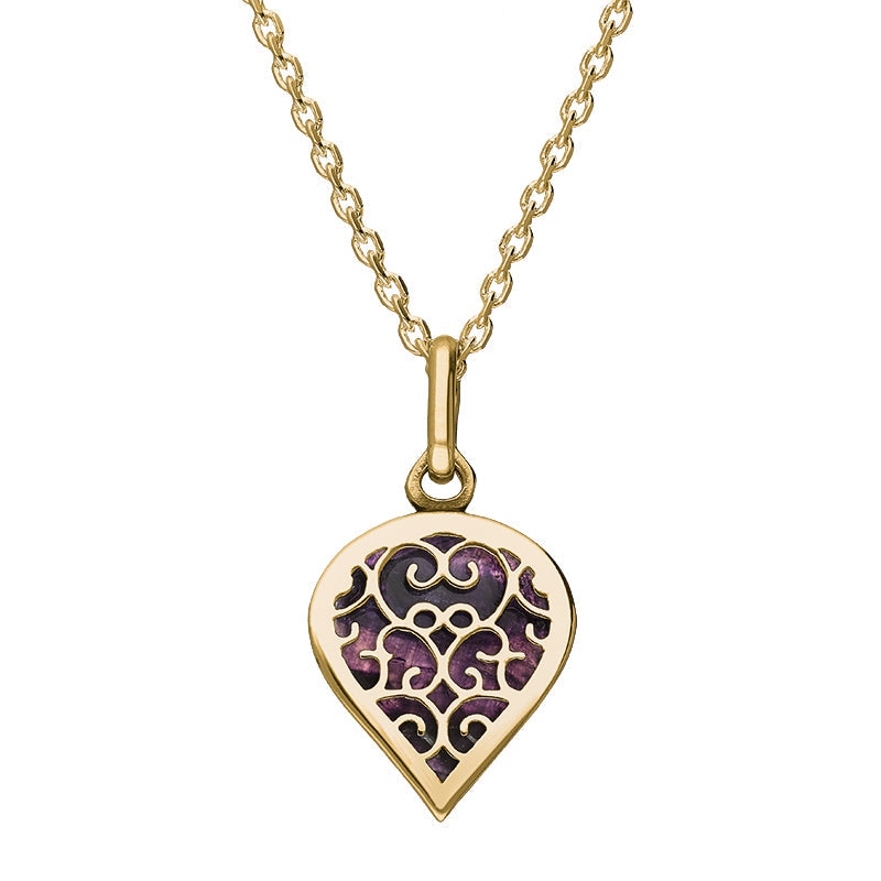 9ct Yellow Gold Blue John Flore Filigree Small Heart Necklace