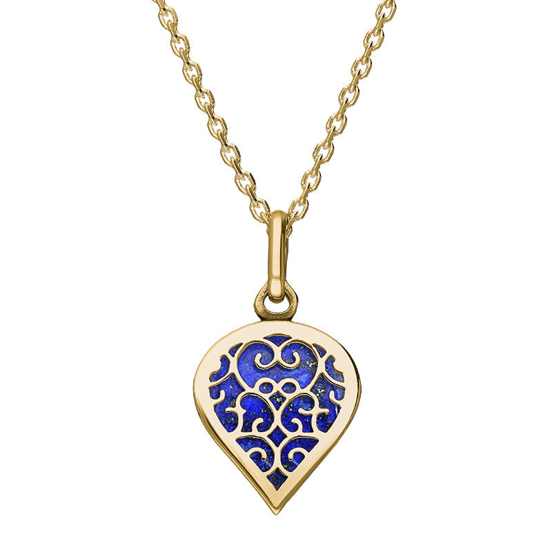 9ct Yellow Gold Lapis Lazuli Flore Filigree Small Heart Necklace