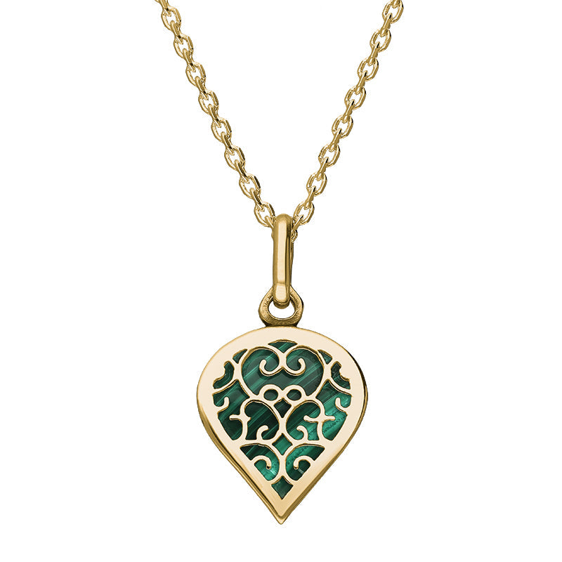 9ct Yellow Gold Malachite Flore Filigree Small Heart Necklace