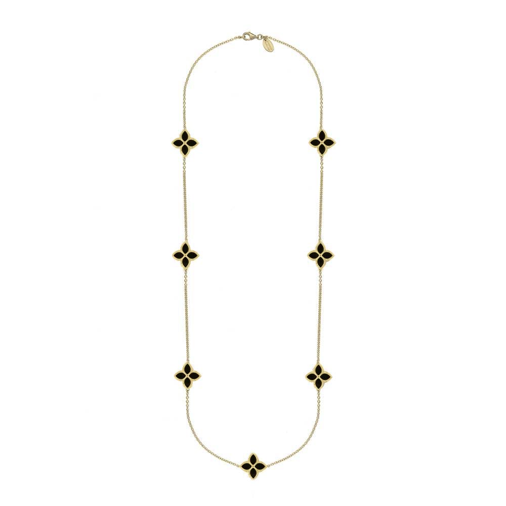 9ct Yellow Gold Whitby Jet Bloom Long Marquise Flower Necklace - Gold