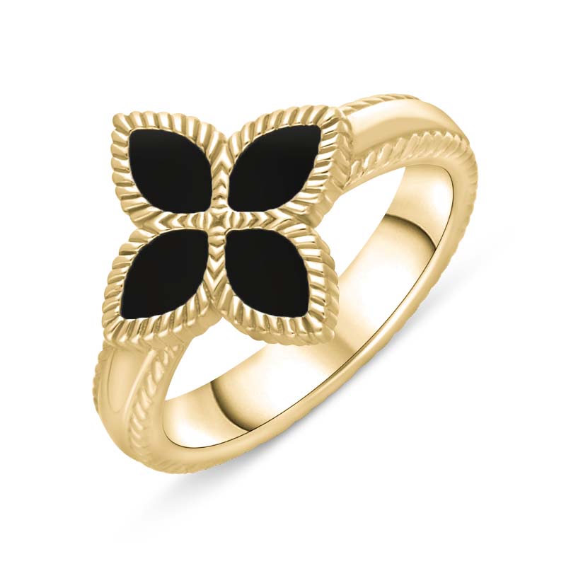 9ct Yellow Gold Whitby Jet Bloom Marquise Flower Ring - X