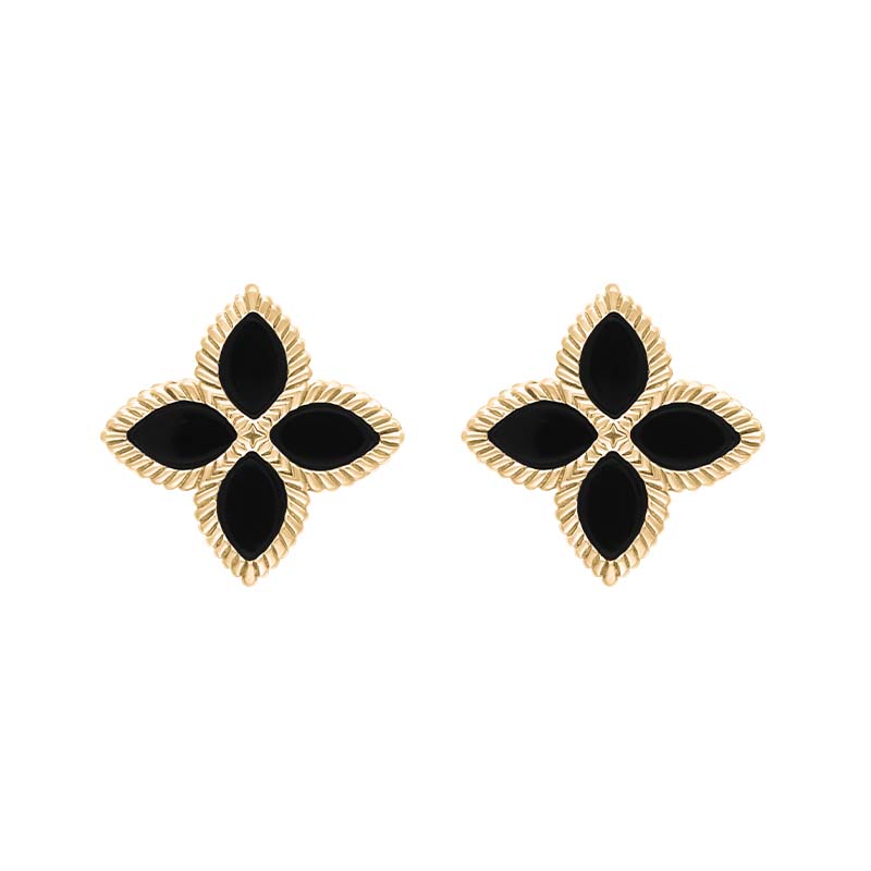 9ct Yellow Gold Whitby Jet Bloom Marquise Flower Stud Earrings - Gold