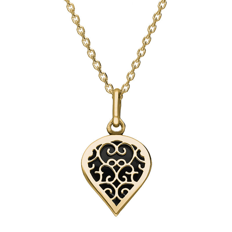 9ct Yellow Gold Whitby Jet Flore Filigree Small Heart Necklace