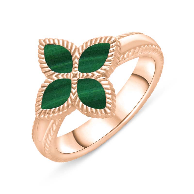 9ct Rose Gold Malachite Bloom Marquise Flower Ring - T