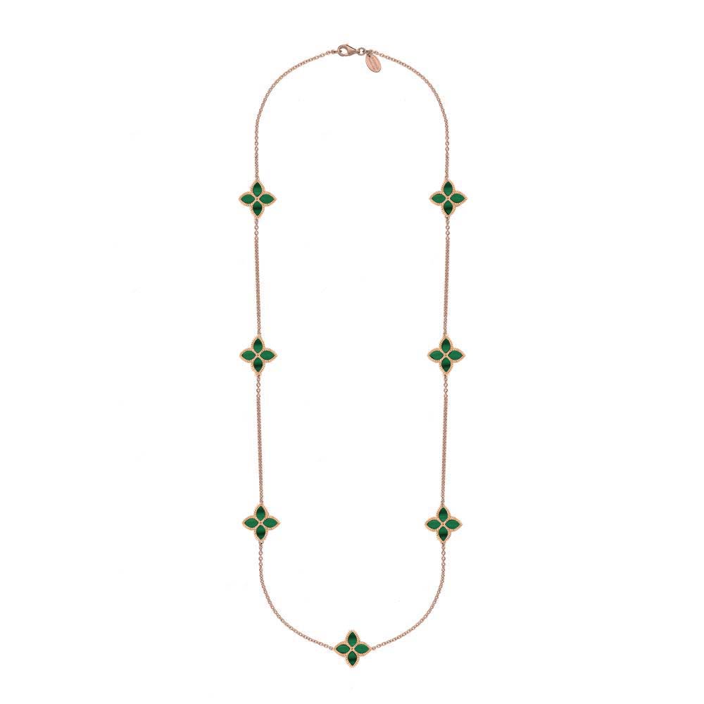 9ct Rose Gold Malachite Bloom Long Marquise Flower Necklace - Gold