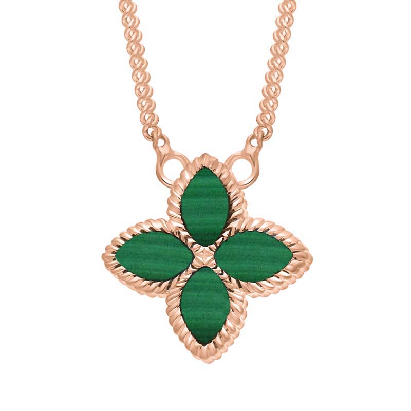 9ct Rose Gold Malachite Bloom Small Marquise Flower Necklace - Gold