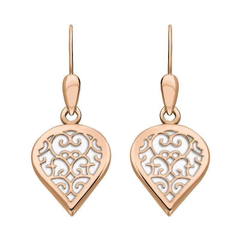 9ct Rose Gold Bauxite Flore Filigree Heart Drop Earrings