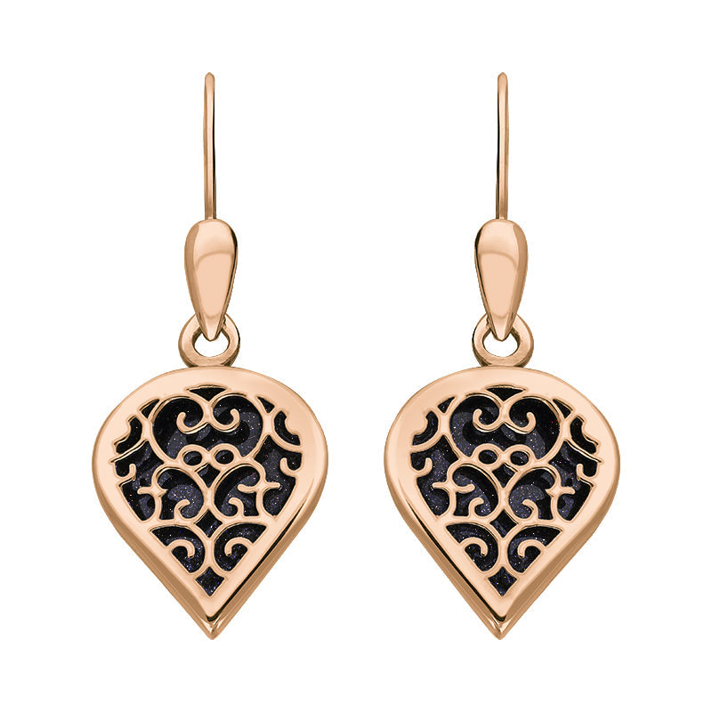 9ct Rose Gold Blue Goldstone Flore Filigree Heart Drop Earrings
