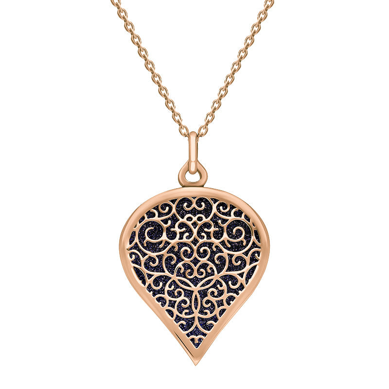 9ct Rose Gold Blue Goldstone Flore Filigree Large Heart Necklace