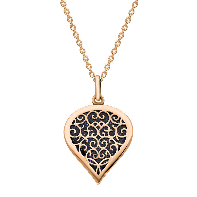 9ct Rose Gold Blue Goldstone Flore Filigree Medium Heart Necklace