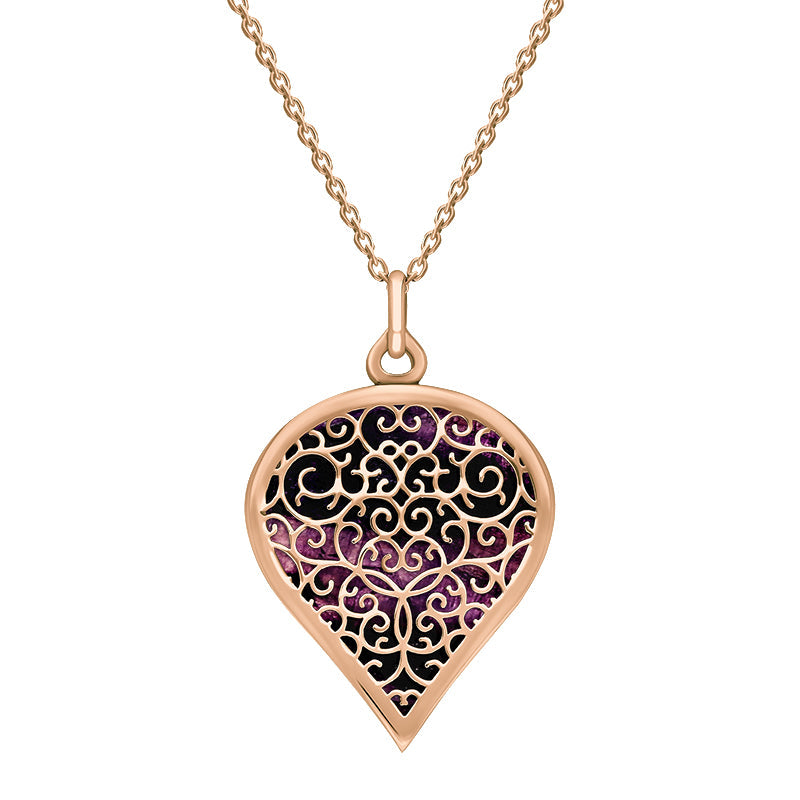 9ct Rose Gold Blue John Flore Filigree Large Heart Necklace