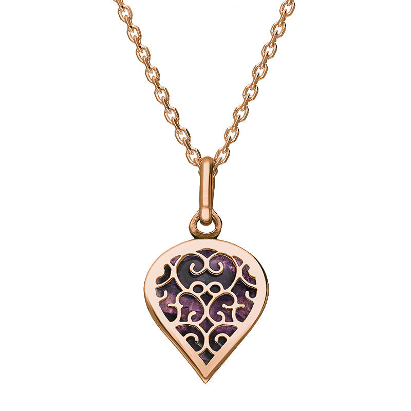 9ct Rose Gold Blue John Flore Filigree Small Heart Necklace