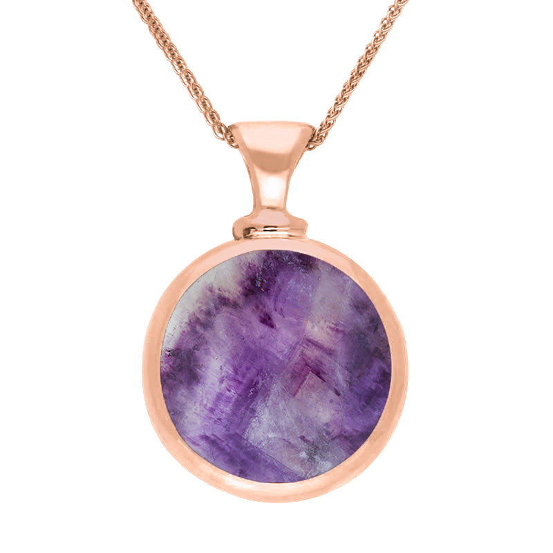 9ct Rose Gold Blue John Mother Of Pearl Double Sided Round Dinky Fob Necklace - Rose Gold