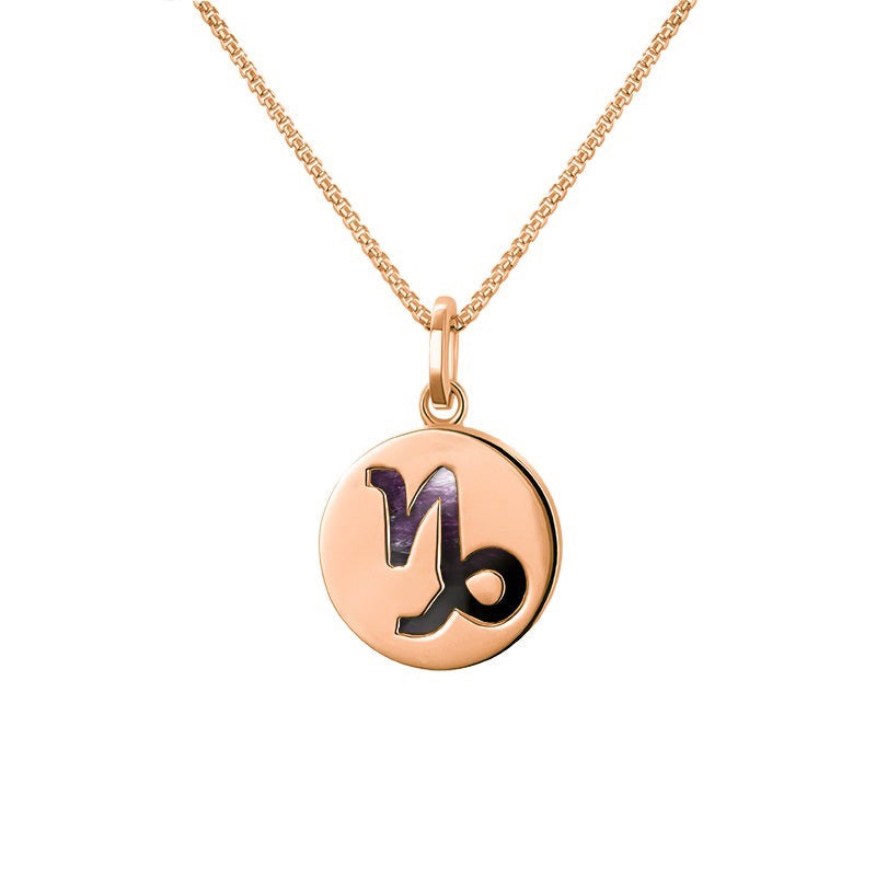 9ct Rose Gold Blue John Zodiac Capricorn Round Necklace - Gold