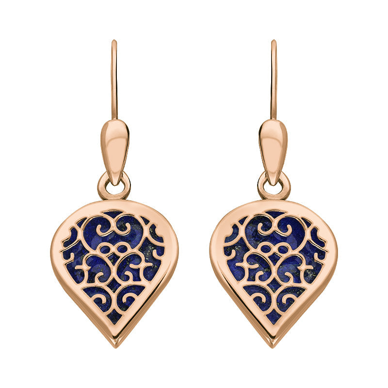 9ct Rose Gold Lapis Lazuli Flore Filigree Heart Drop Earrings