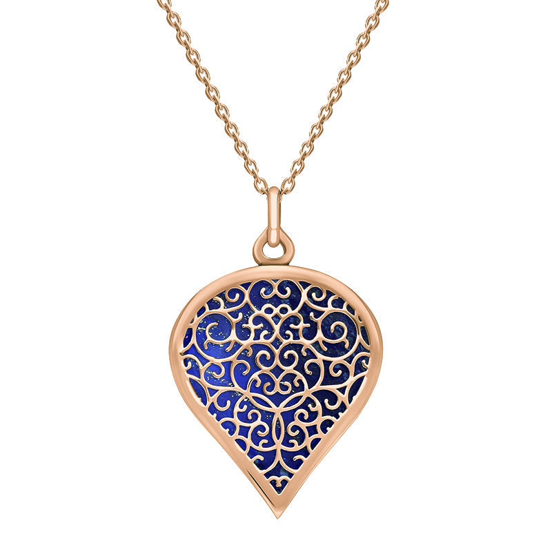 9ct Rose Gold Lapis Lazuli Flore Filigree Large Heart Necklace