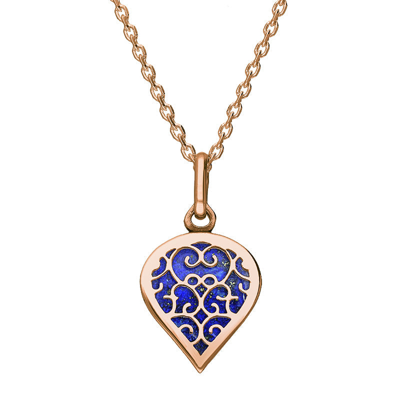 9ct Rose Gold Lapis Lazuli Flore Filigree Small Heart Necklace