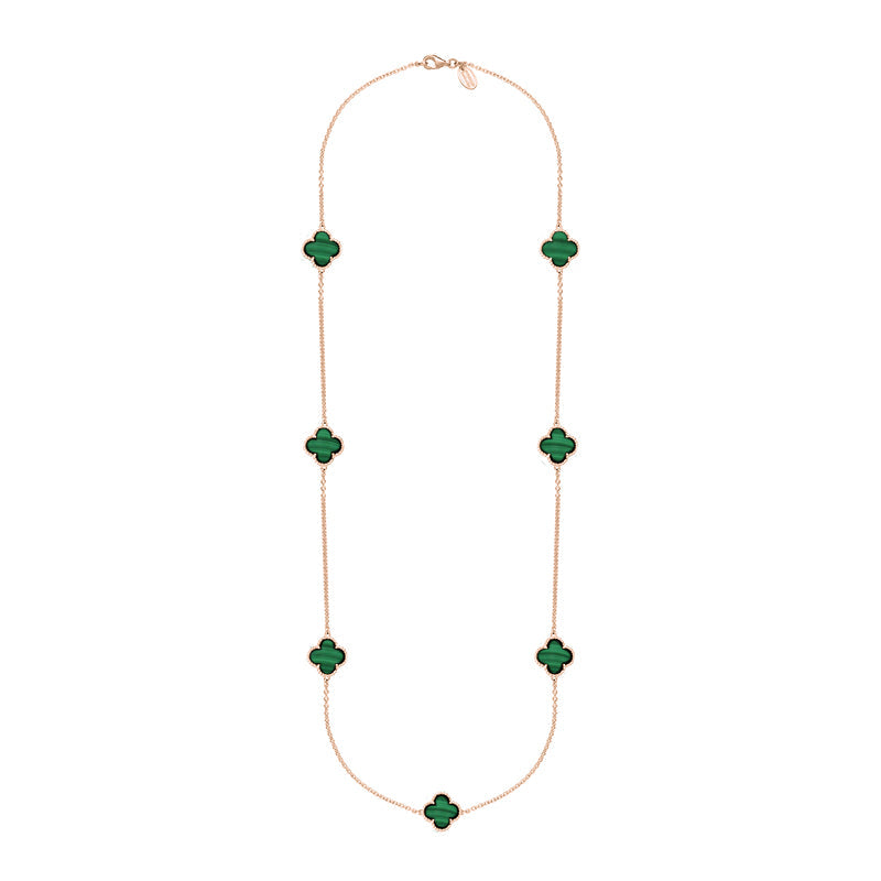 9ct Rose Gold Malachite Bloom Four Leaf Clover Ball Edge Long Necklace