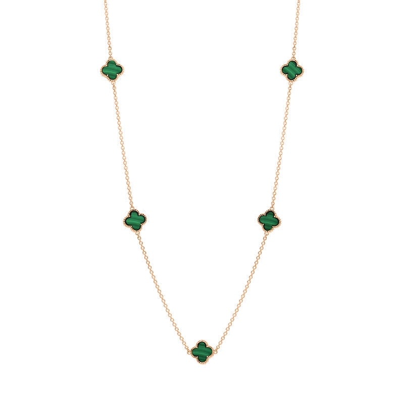 9ct Rose Gold Malachite Bloom Four Leaf Clover Ball Edge Necklace